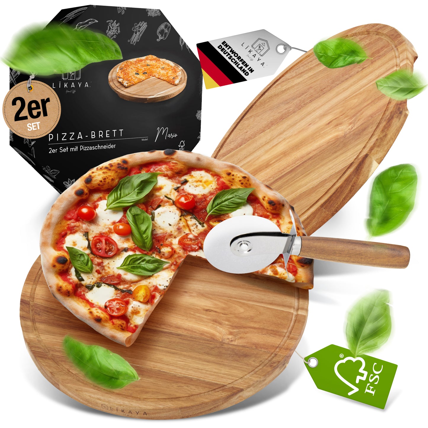 Pizzabrett/Pizzateller 'MARIO' 2er Set rund mit Pizzaschneider [⌀35cm groß] aus FSC®-zertifiziertem Akazien-Holz