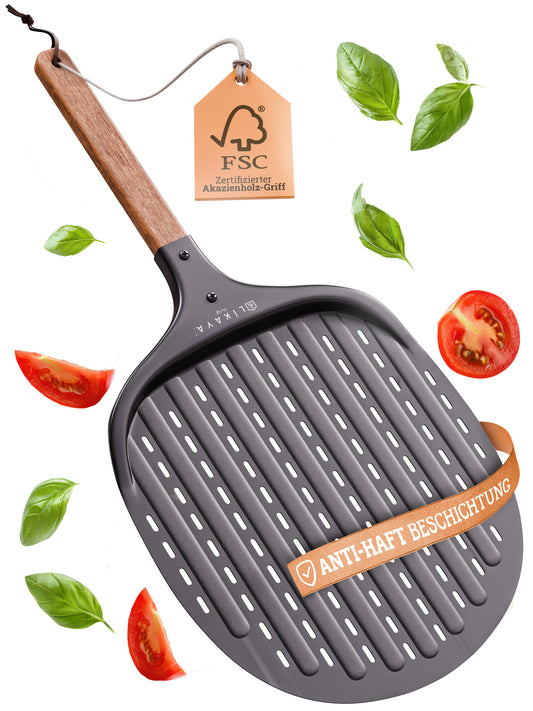 LIKAYA® Pizzaschieber [32 x 32 x 62cm] Pizzaschaufel aus schwarzem Aluminium & Griff aus FSC-Akazienholz