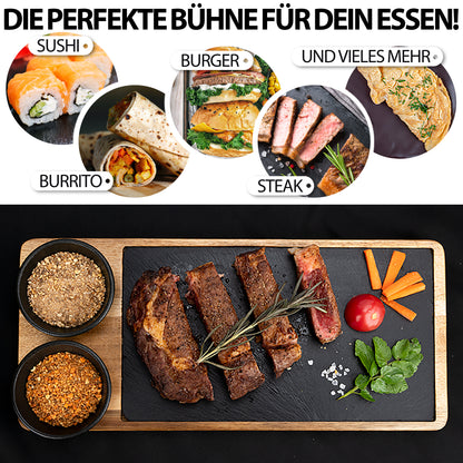 Servierbrett 'LUIS' 2er Set aus FSC® Akazien-Holz mit Schieferplatte & Saucen Schüsseln