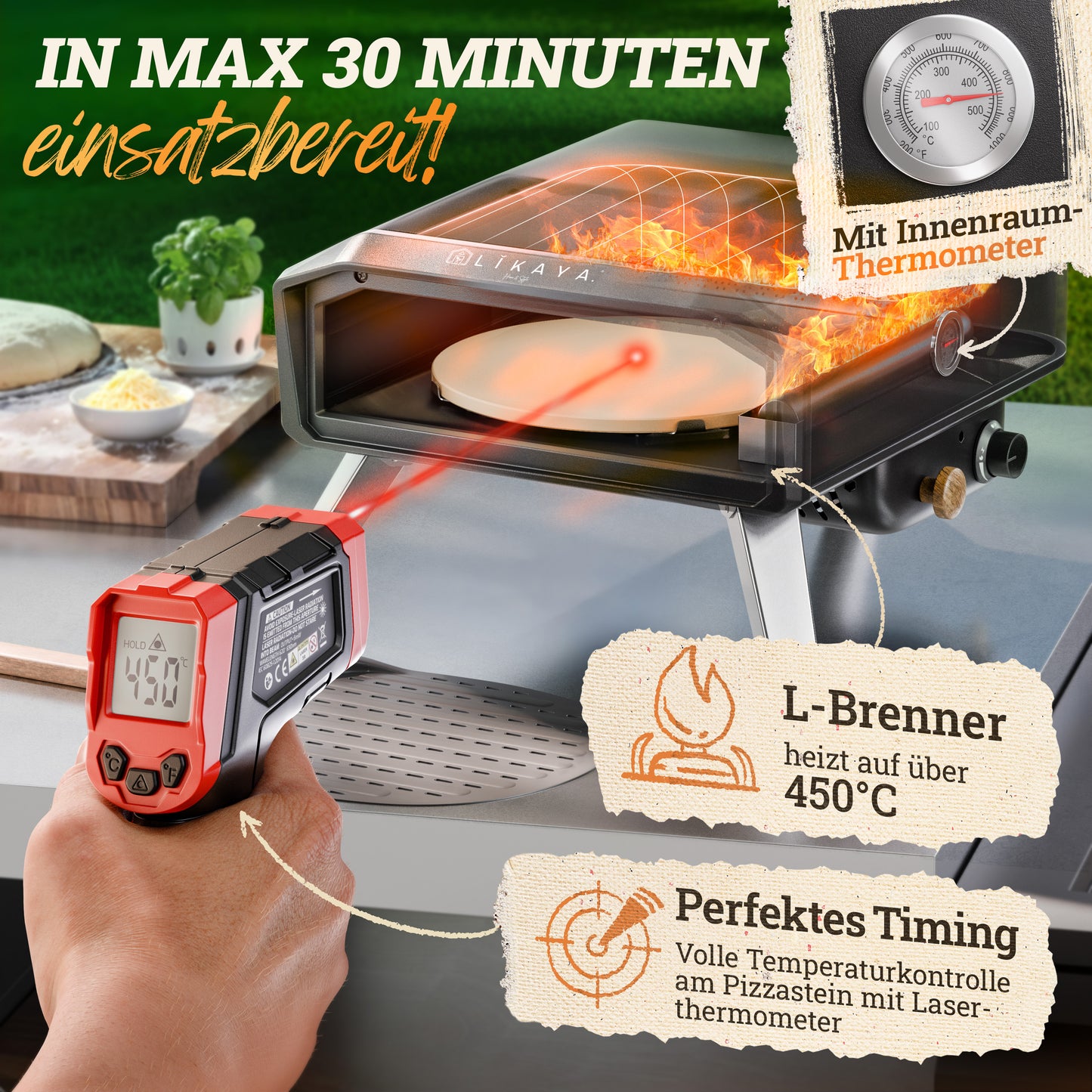 LIKAYA NeroSpin Pizzaofen 12” Black Edition – 6,2kW Gas Pizza Ofen für außen mit drehbarem Pizzastein, Pizzaschaufel & Thermometer Pistole