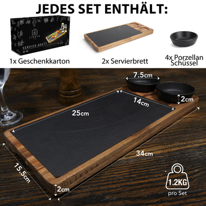 Servierbrett 'LUIS' 2er Set aus FSC® Akazien-Holz mit Schieferplatte & Saucen Schüsseln