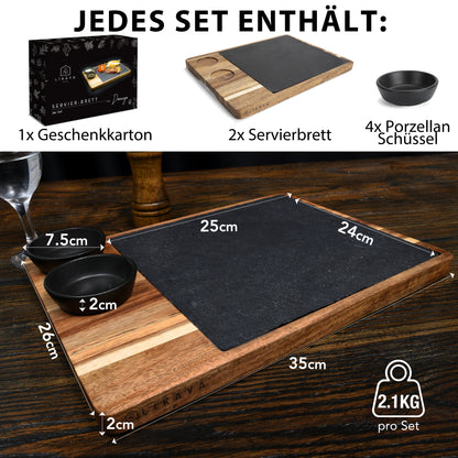 Servierbrett XXL ‘Domingo' 2er Set aus FSC® Akazien-Holz mit Schieferplatte & Saucen Schüsseln