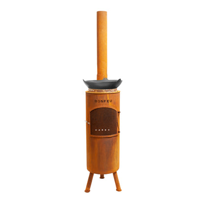 BonFeu BonGiano LP Black Gartenkamin aus Cortenstahl – hochwertige Feuerstelle & Outdoor Terrassenofen mit Grillfunktion für Garten und Terras