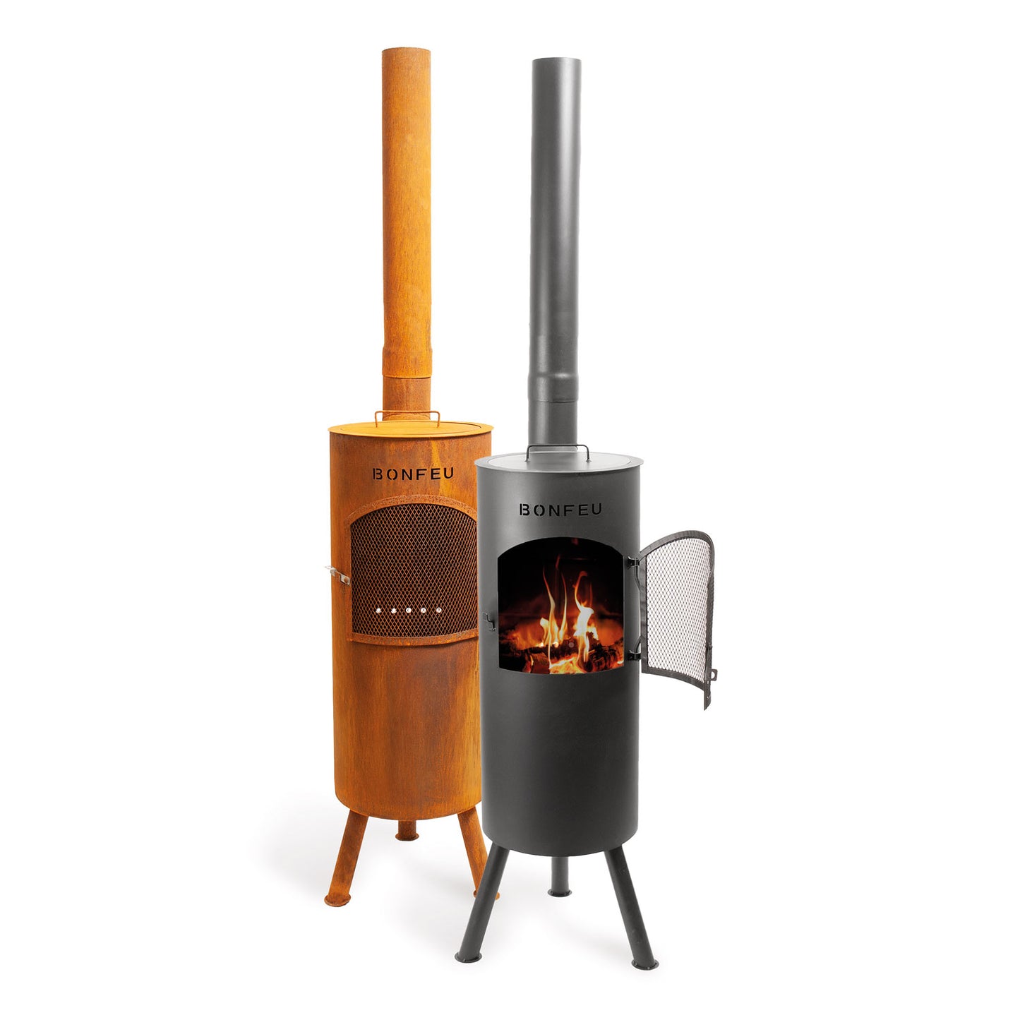 BonFeu BonGiano LP Black Gartenkamin aus Cortenstahl – hochwertige Feuerstelle & Outdoor Terrassenofen mit Grillfunktion für Garten und Terras