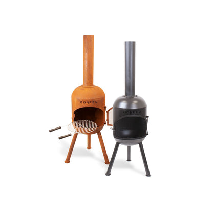 BonFeu BonSolo Black Feuerstelle aus Cortenstahl – kompakter Gartenkamin & Outdoor Terrassenofen mit Grillfunktion für Terrasse und Garten