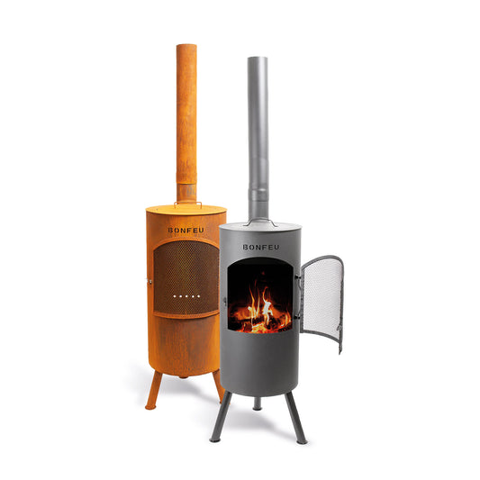 BonFeu BonTino LP Black Feuerstelle aus Cortenstahl – moderner Gartenkamin & Outdoor Terrassenofen mit Grillfunktion für Garten und Terrasse