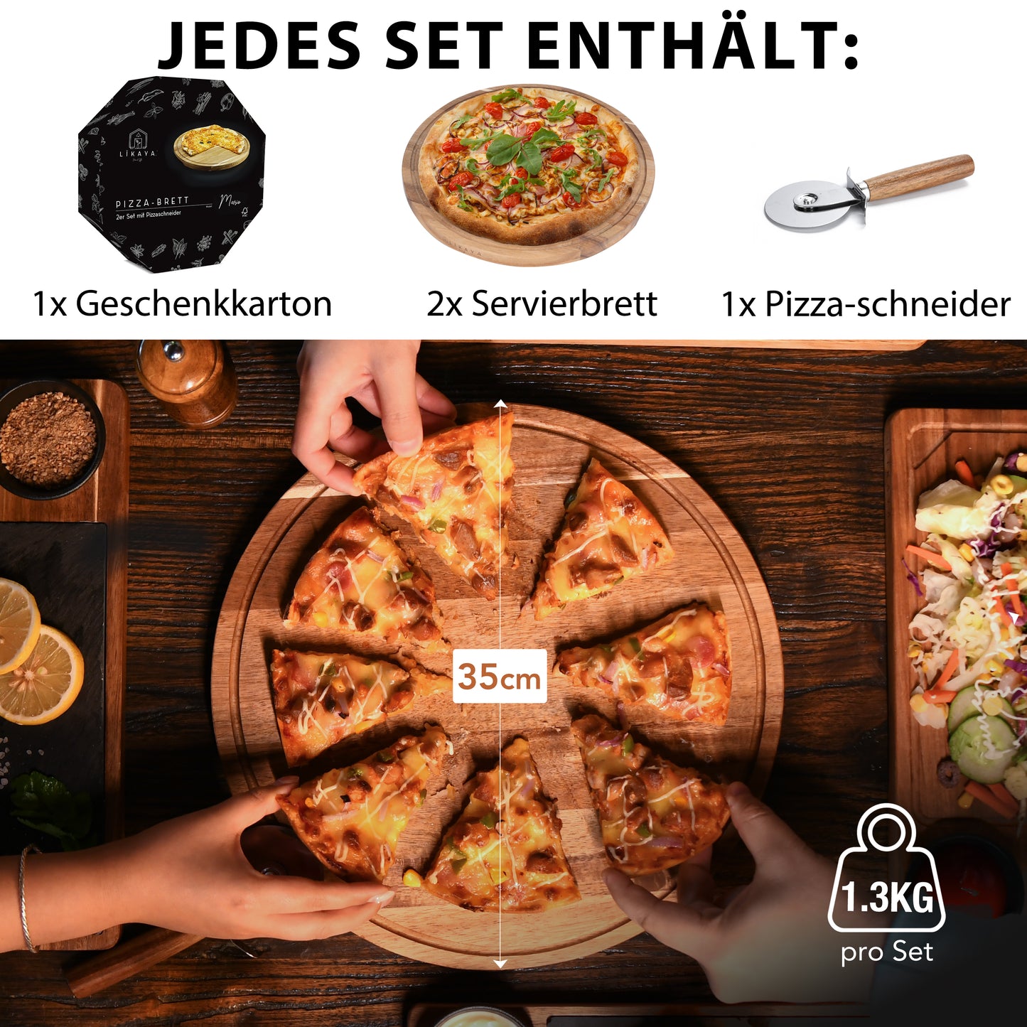 Pizzabrett/Pizzateller 'MARIO' 2er Set rund mit Pizzaschneider [⌀35cm groß] aus FSC®-zertifiziertem Akazien-Holz