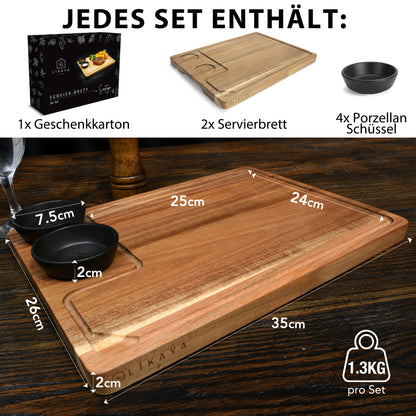 Servierbrett XXL 'Santiago' 2er Set aus FSC® zertifiziertem Akazien-Holz mit Saucen Schüsseln