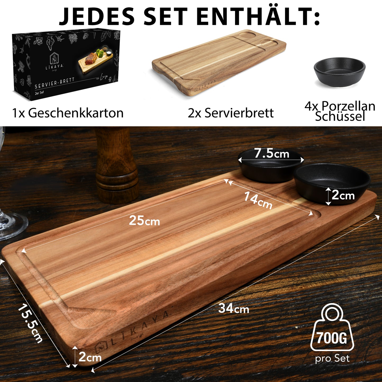 Servierbrett 'LUISA' 2er Set aus FSC® zertifiziertem Akazien-Holz mit Saucen Schüsseln