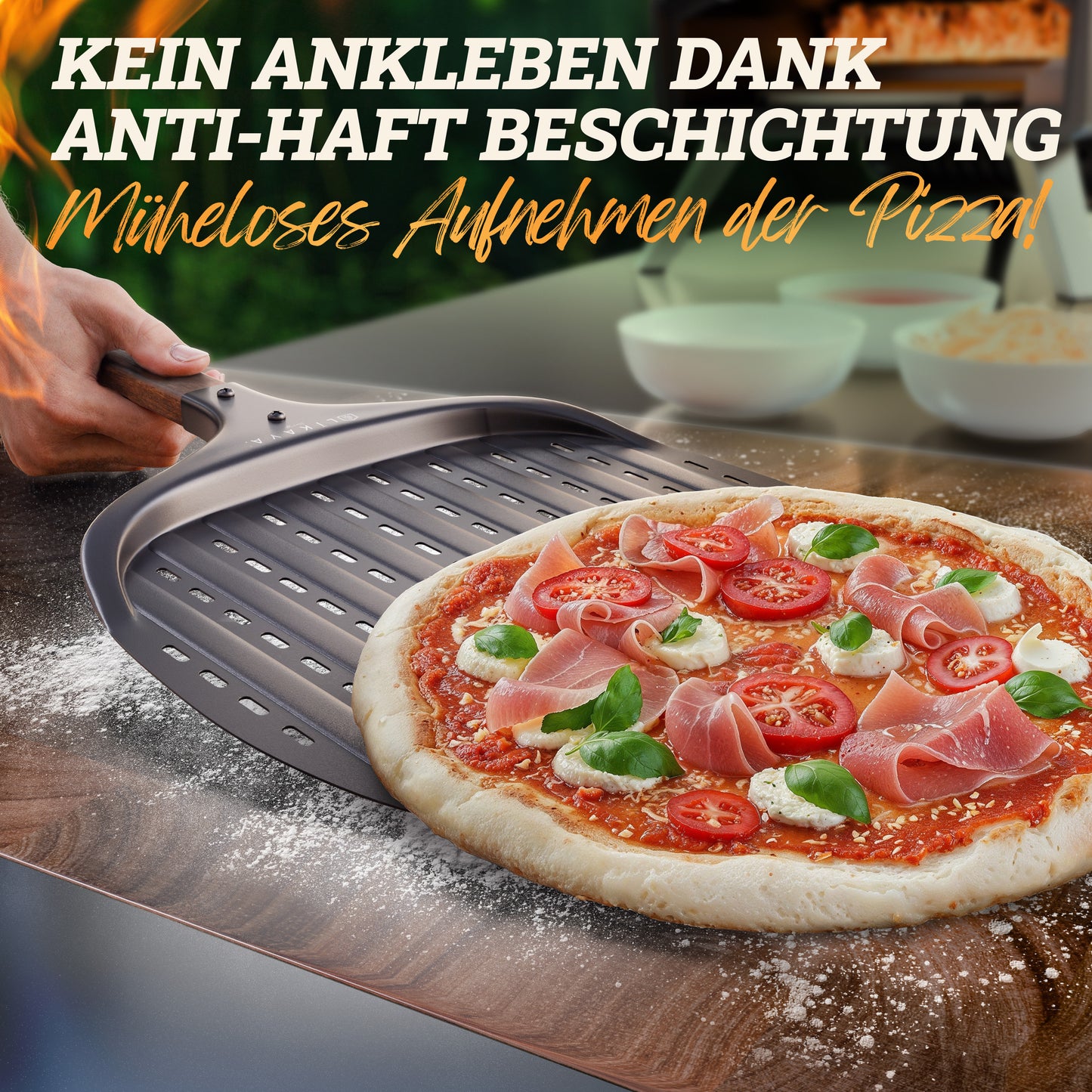 LIKAYA® Pizzaschieber [32 x 32 x 62cm] Pizzaschaufel aus schwarzem Aluminium & Griff aus FSC-Akazienholz