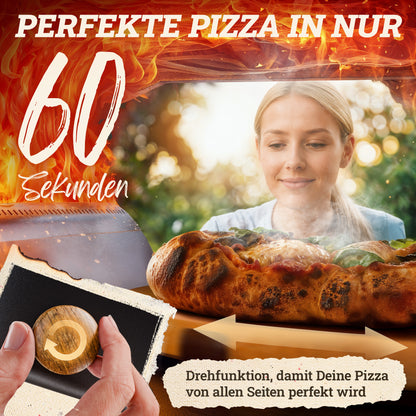 LIKAYA NeroSpin Pizzaofen 12” Black Edition – 6,2kW Gas Pizza Ofen für außen mit drehbarem Pizzastein, Pizzaschaufel & Thermometer Pistole
