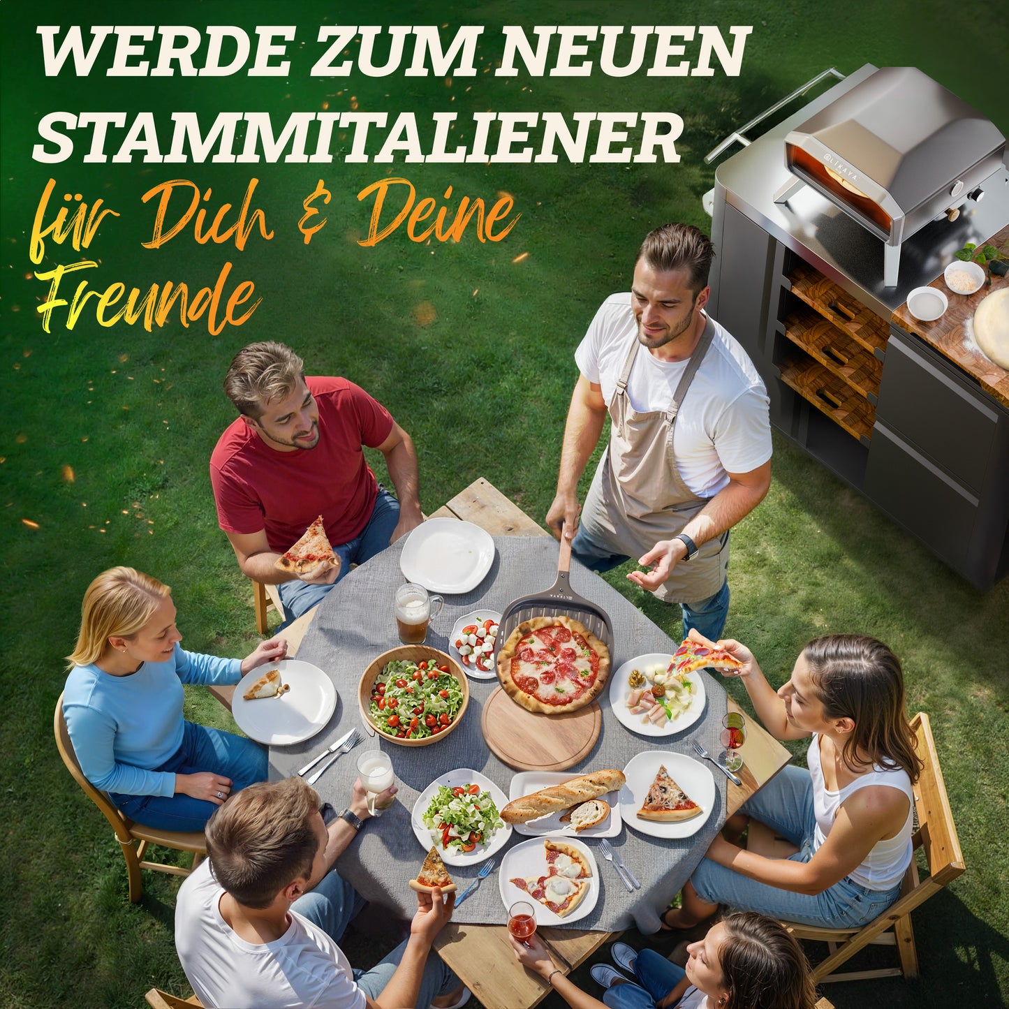 LIKAYA NeroSpin Pizzaofen 12” Black Edition – 6,2kW Gas Pizza Ofen für außen mit drehbarem Pizzastein, Pizzaschaufel & Thermometer Pistole