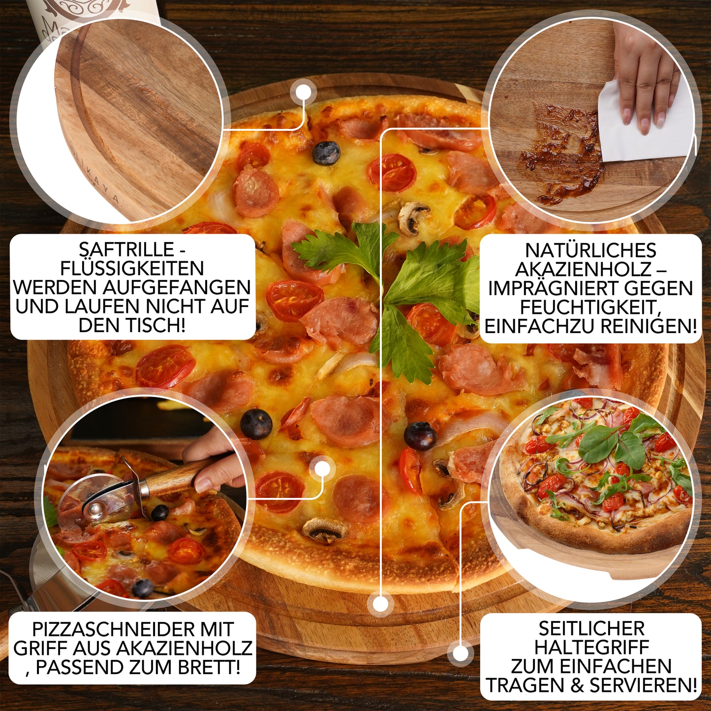 Pizzabrett/Pizzateller 'MARIO' 2er Set rund mit Pizzaschneider [⌀35cm groß] aus FSC®-zertifiziertem Akazien-Holz