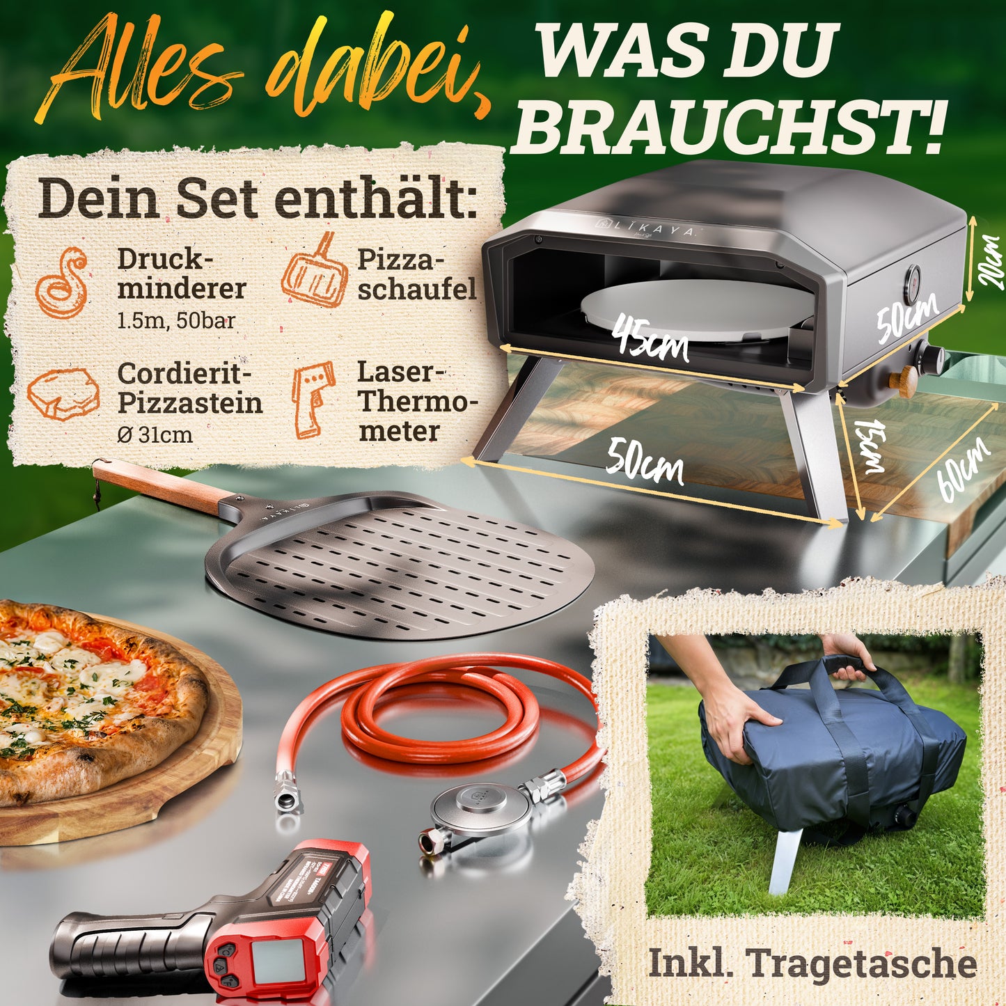 LIKAYA NeroSpin Pizzaofen 12” Black Edition – 6,2kW Gas Pizza Ofen für außen mit drehbarem Pizzastein, Pizzaschaufel & Thermometer Pistole
