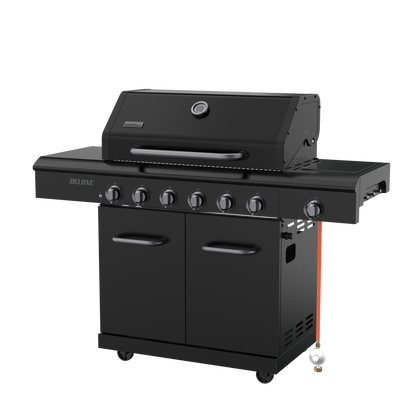 Nexgrill Deluxe 6+1 Brenner Gasgrill matt schwarz – Grill Gas mit Seitenkochfeld, porzellanbeschichteten Gusseisenrosten, Edelstahlbrennern, schwarzem Nickel-Finish, Ideal für Gartenpartys & Outdoor BBQ