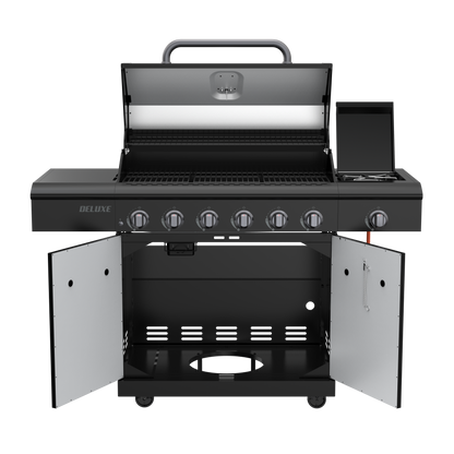 Nexgrill Deluxe 6+1 Brenner Gasgrill matt schwarz – Grill Gas mit Seitenkochfeld, porzellanbeschichteten Gusseisenrosten, Edelstahlbrennern, schwarzem Nickel-Finish, Ideal für Gartenpartys & Outdoor BBQ