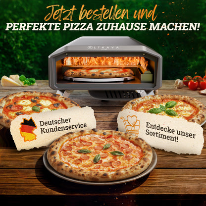 LIKAYA NeroSpin Pizzaofen 12” Black Edition – 6,2kW Gas Pizza Ofen für außen mit drehbarem Pizzastein, Pizzaschaufel & Thermometer Pistole