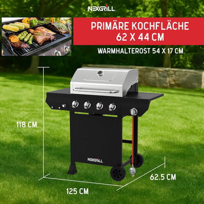 Nexgrill Classic 4-Brenner Gasgrill mit Seitenbrenner – Premium Edelstahl Gas grill mit porzellanbeschichteten Gusseisenrosten, Even-Heat-System – Garten, Balkon & BBQ-Events