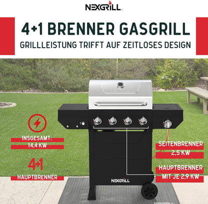 Nexgrill Classic 4-Brenner Gasgrill mit Seitenbrenner – Premium Edelstahl Gas grill mit porzellanbeschichteten Gusseisenrosten, Even-Heat-System – Garten, Balkon & BBQ-Events