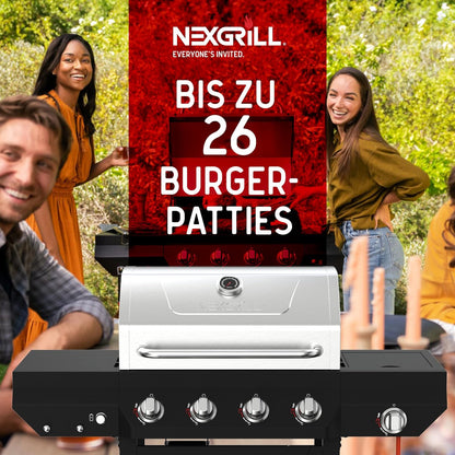 Nexgrill Classic 4-Brenner Gasgrill mit Seitenbrenner – Premium Edelstahl Gas grill mit porzellanbeschichteten Gusseisenrosten, Even-Heat-System – Garten, Balkon & BBQ-Events