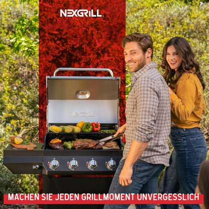 Nexgrill Classic 4-Brenner Gasgrill mit Seitenbrenner – Premium Edelstahl Gas grill mit porzellanbeschichteten Gusseisenrosten, Even-Heat-System – Garten, Balkon & BBQ-Events