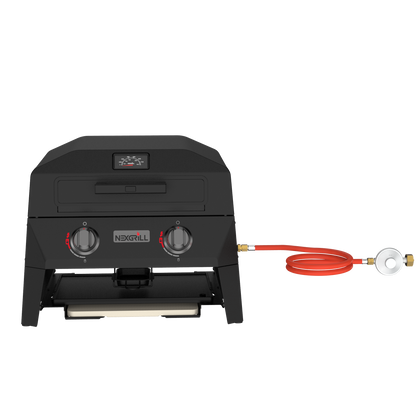 Nexgrill Fortress 4-in-1 Gasgrill/Tischgrill mit 2 Brennern, Pizzaofen-Funktion, Cordierit-Pizzastein & Wende-Grillplatte – Kompakter Outdoorgrill aus Stahl mit Stauraum für Zubehör