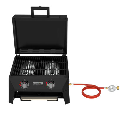 Nexgrill Fortress 4-in-1 Gasgrill/Tischgrill mit 2 Brennern, Pizzaofen-Funktion, Cordierit-Pizzastein & Wende-Grillplatte – Kompakter Outdoorgrill aus Stahl mit Stauraum für Zubehör