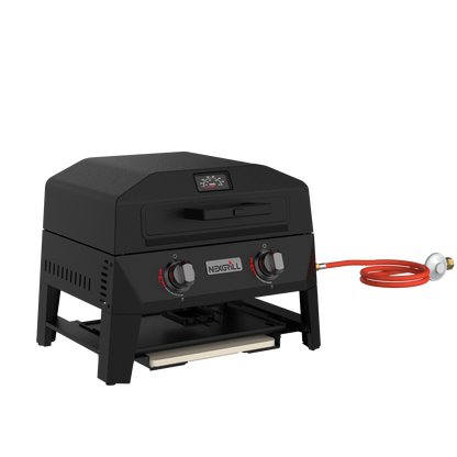 Nexgrill Fortress 4-in-1 Gasgrill/Tischgrill mit 2 Brennern, Pizzaofen-Funktion, Cordierit-Pizzastein & Wende-Grillplatte – Kompakter Outdoorgrill aus Stahl mit Stauraum für Zubehör