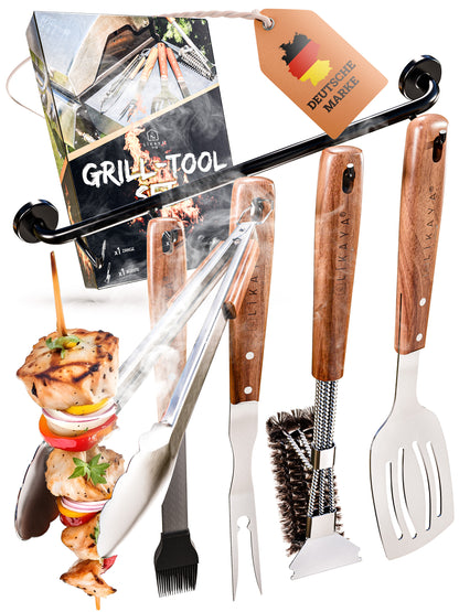 Premium Grillbesteck-Set aus Edelstahl mit Akazienholz-Griff