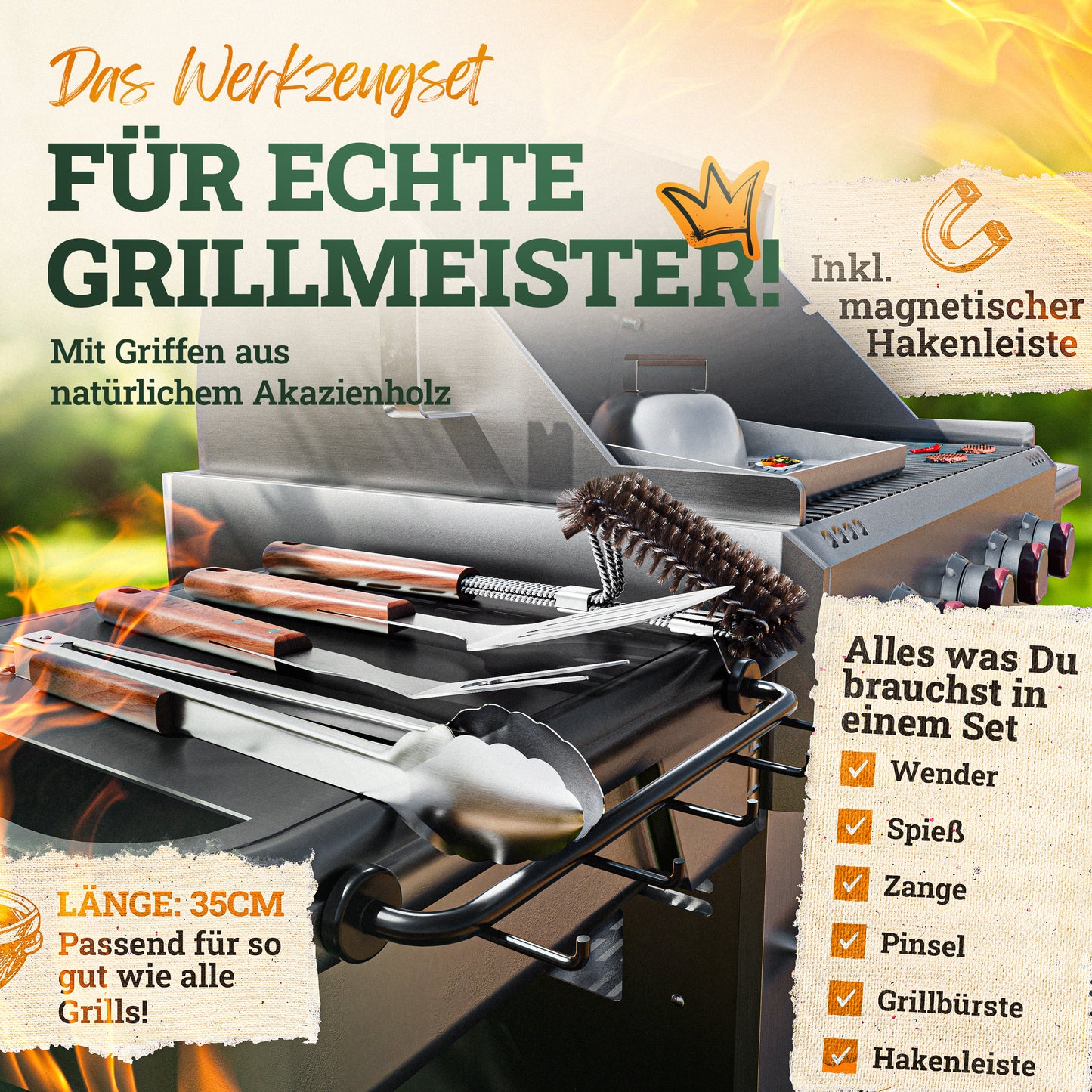 Premium Grillbesteck-Set aus Edelstahl mit Akazienholz-Griff