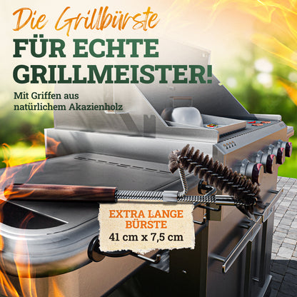 Premium Grillbürste Edelstahl mit Schaber und Griff aus Akazienholz