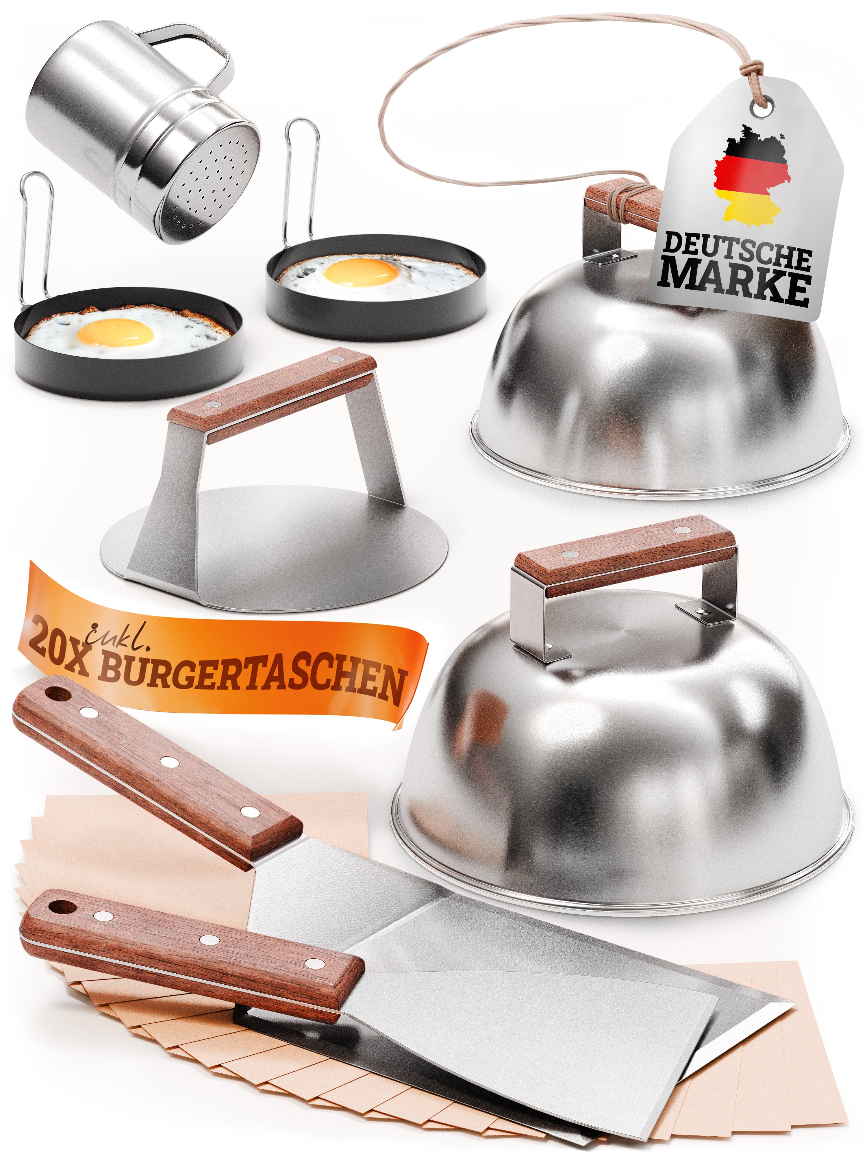 Burgerglocken-Set [3-TLG.] für Smash Burger aus Edelstahl & Akazienholz-Griffen für Plancha, Grillplatte, Gasgrill & Feuerplatte
