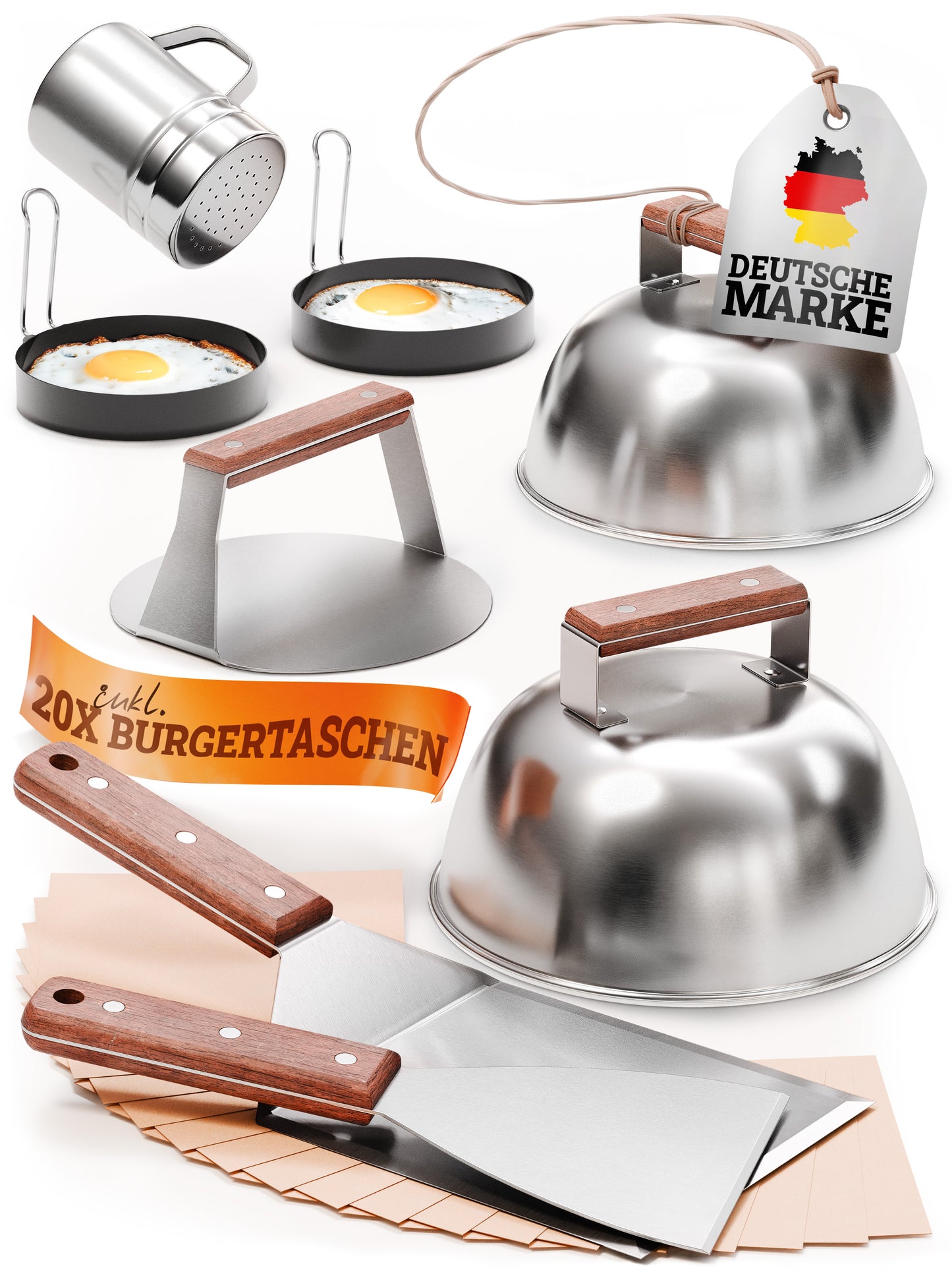 Smash Burger Master-Set XXL [9-TLG.] Edelstahl mit Akazienholz-Griffen für Plancha, Grillplatte, Gasgrill & Feuerplatte