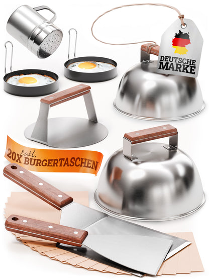 Smash Burger Master-Set XXL [9-TLG.] Edelstahl mit Akazienholz-Griffen für Plancha, Grillplatte, Gasgrill & Feuerplatte