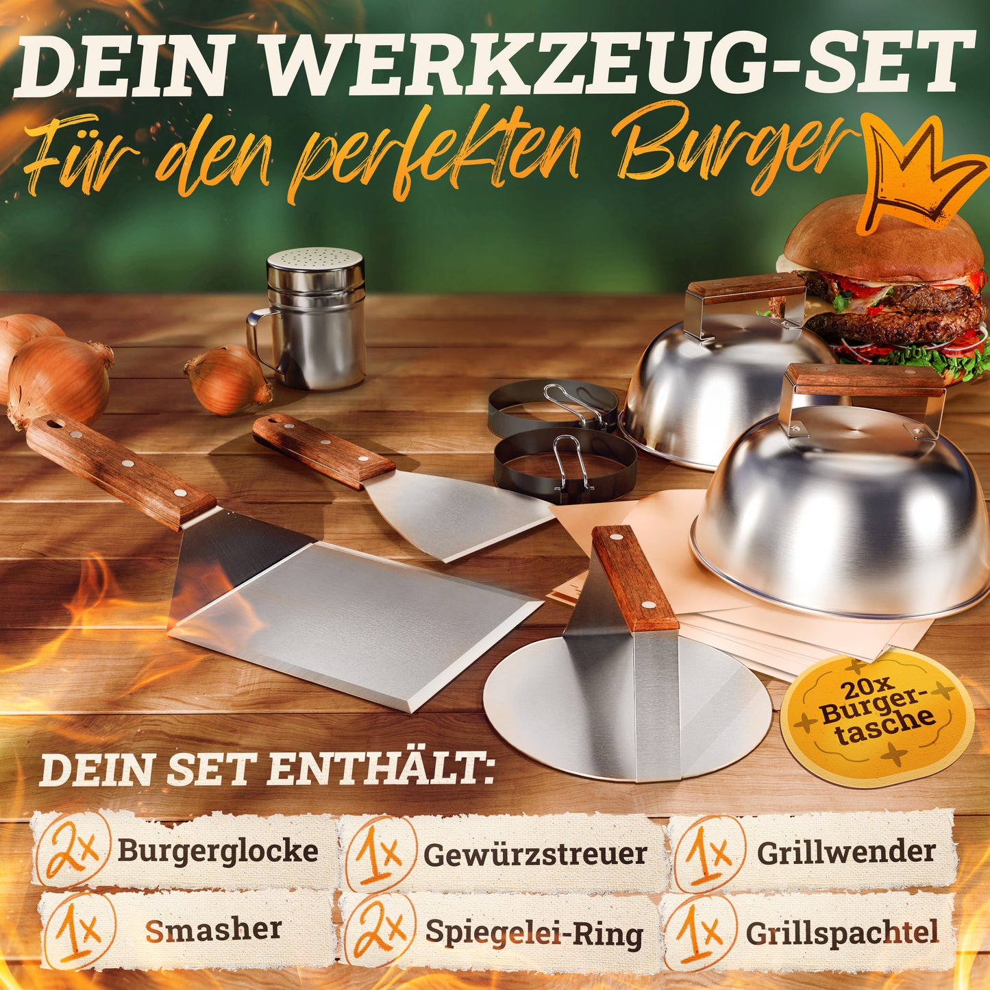 Smash Burger Master-Set XXL [9-TLG.] Edelstahl mit Akazienholz-Griffen für Plancha, Grillplatte, Gasgrill & Feuerplatte