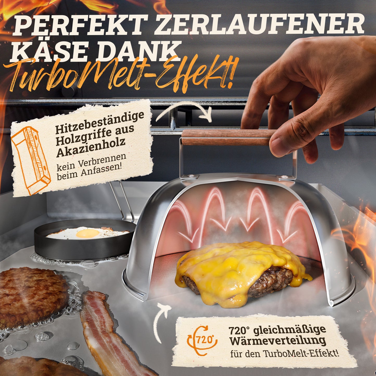 Smash Burger Master-Set XXL [9-TLG.] Edelstahl mit Akazienholz-Griffen für Plancha, Grillplatte, Gasgrill & Feuerplatte