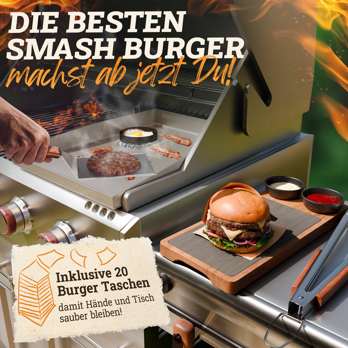 Smash Burger Master-Set XXL [9-TLG.] Edelstahl mit Akazienholz-Griffen für Plancha, Grillplatte, Gasgrill & Feuerplatte