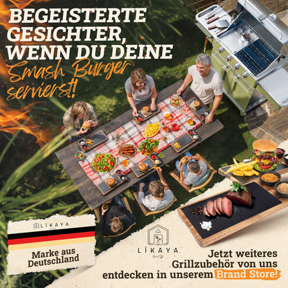 Smash Burger Master-Set XXL [9-TLG.] Edelstahl mit Akazienholz-Griffen für Plancha, Grillplatte, Gasgrill & Feuerplatte