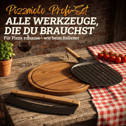LIKAYA Pizzaiolo Set – Pizzaschaufel, Pizza-Wiegemesser & Pizzabrett aus Akazienholz – Pizza Zubehör Set für Pizzaofen, Grill & Backofen (erhältlich ab Ende Mai)