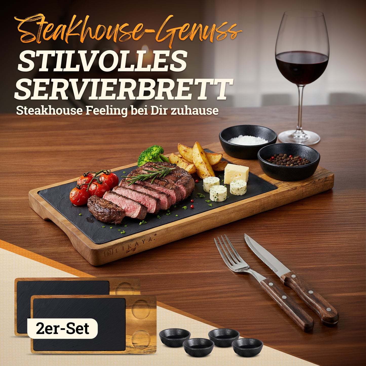 Servierbrett 'LUIS' 2er Set aus FSC® Akazien-Holz mit Schieferplatte & Saucen Schüsseln