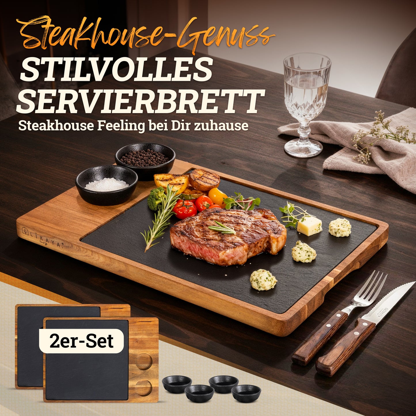Servierbrett XXL ‘Domingo' 2er Set aus FSC® Akazien-Holz mit Schieferplatte & Saucen Schüsseln