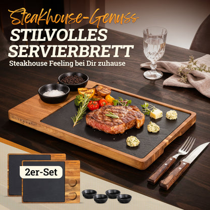 Servierbrett XXL ‘Domingo' 2er Set aus FSC® Akazien-Holz mit Schieferplatte & Saucen Schüsseln