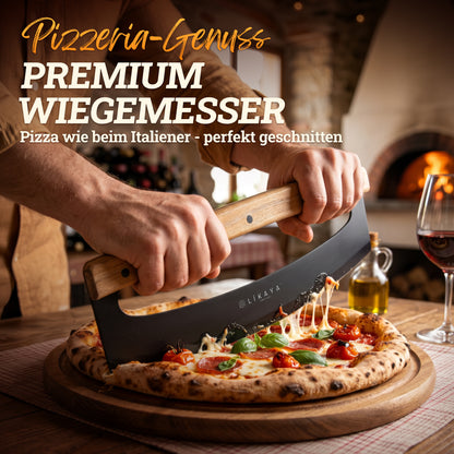 LIKAYA Pizza-Wiegemesser mit Akazienholzgriff & Klingenschutz – Pizzaschneider für perfekte Schnitte – scharfe Edelstahlklinge in Schwarz (erhältlich ab Ende Mai)