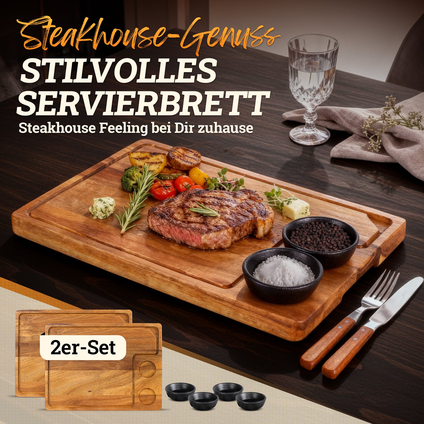 Servierbrett XXL 'Santiago' 2er Set aus FSC® zertifiziertem Akazien-Holz mit Saucen Schüsseln
