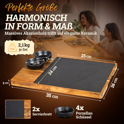 Servierbrett XXL ‘Domingo' 2er Set aus FSC® Akazien-Holz mit Schieferplatte & Saucen Schüsseln