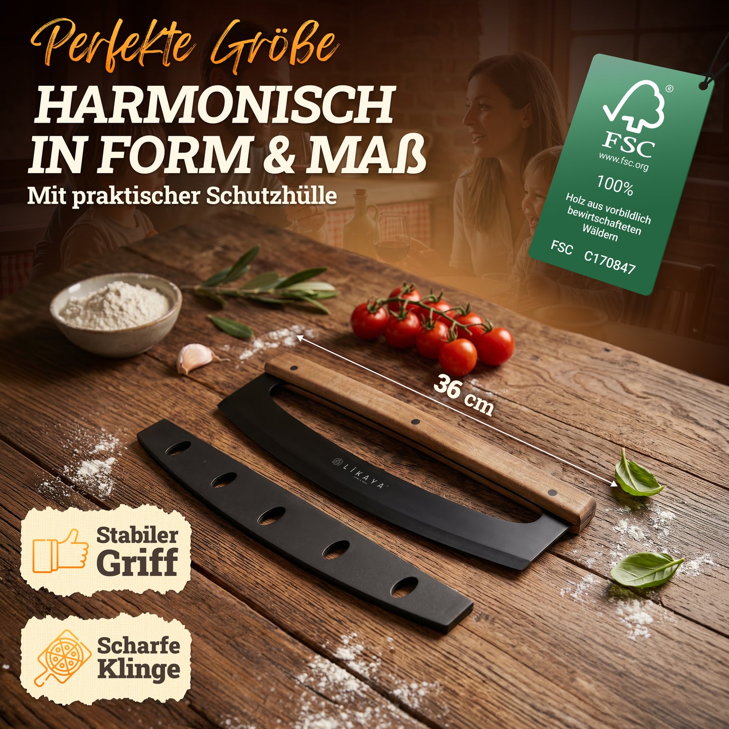 LIKAYA Pizza-Wiegemesser mit Akazienholzgriff & Klingenschutz – Pizzaschneider für perfekte Schnitte – scharfe Edelstahlklinge in Schwarz (erhältlich ab Ende Mai)