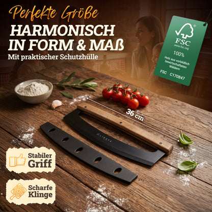 LIKAYA Pizza-Wiegemesser mit Akazienholzgriff & Klingenschutz – Pizzaschneider für perfekte Schnitte – scharfe Edelstahlklinge in Schwarz (erhältlich ab Ende Mai)