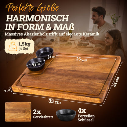 Servierbrett XXL 'Santiago' 2er Set aus FSC® zertifiziertem Akazien-Holz mit Saucen Schüsseln