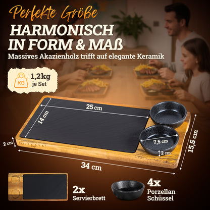 Servierbrett 'LUIS' 2er Set aus FSC® Akazien-Holz mit Schieferplatte & Saucen Schüsseln