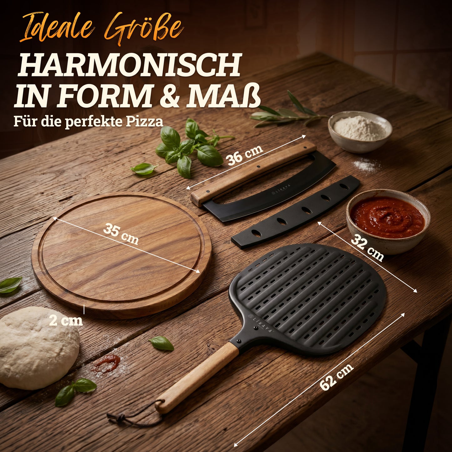 LIKAYA Pizzaiolo Set – Pizzaschaufel, Pizza-Wiegemesser & Pizzabrett aus Akazienholz – Pizza Zubehör Set für Pizzaofen, Grill & Backofen (erhältlich ab Ende Mai)
